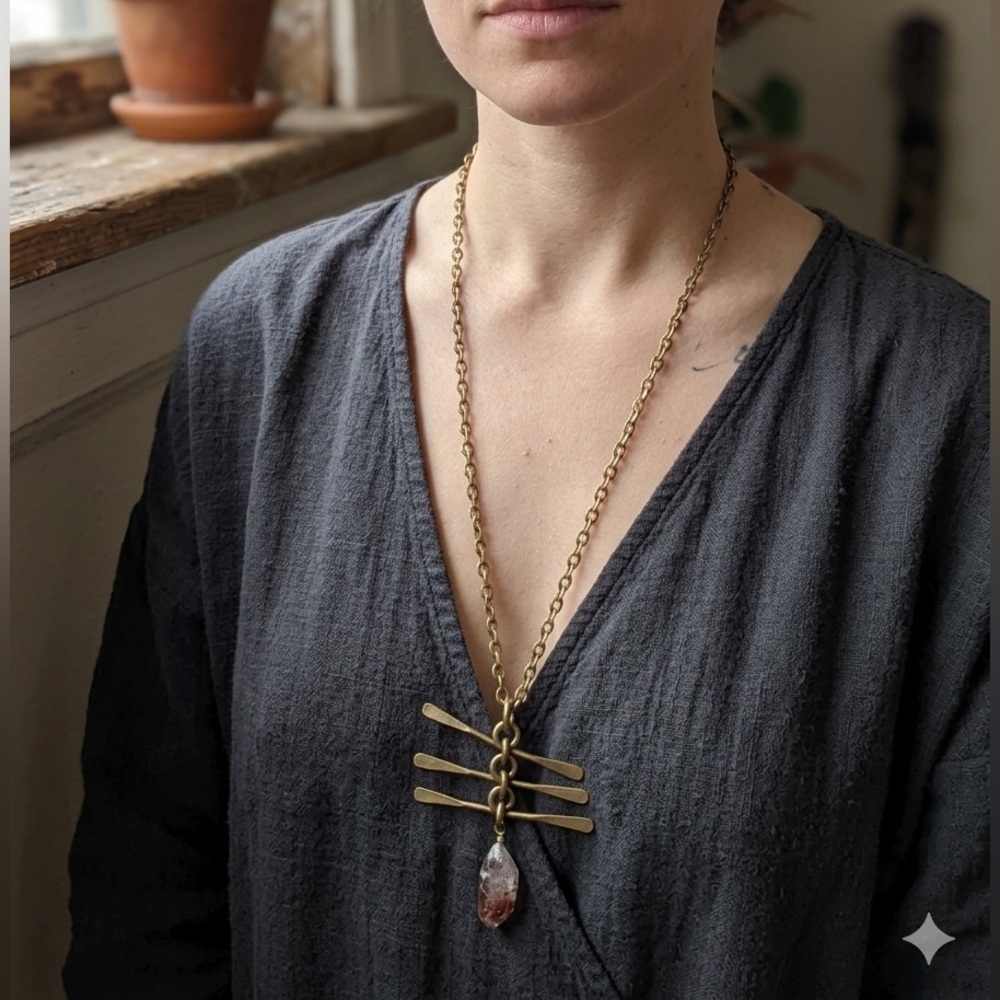 Aged Copper and Quartz Pendant Necklace